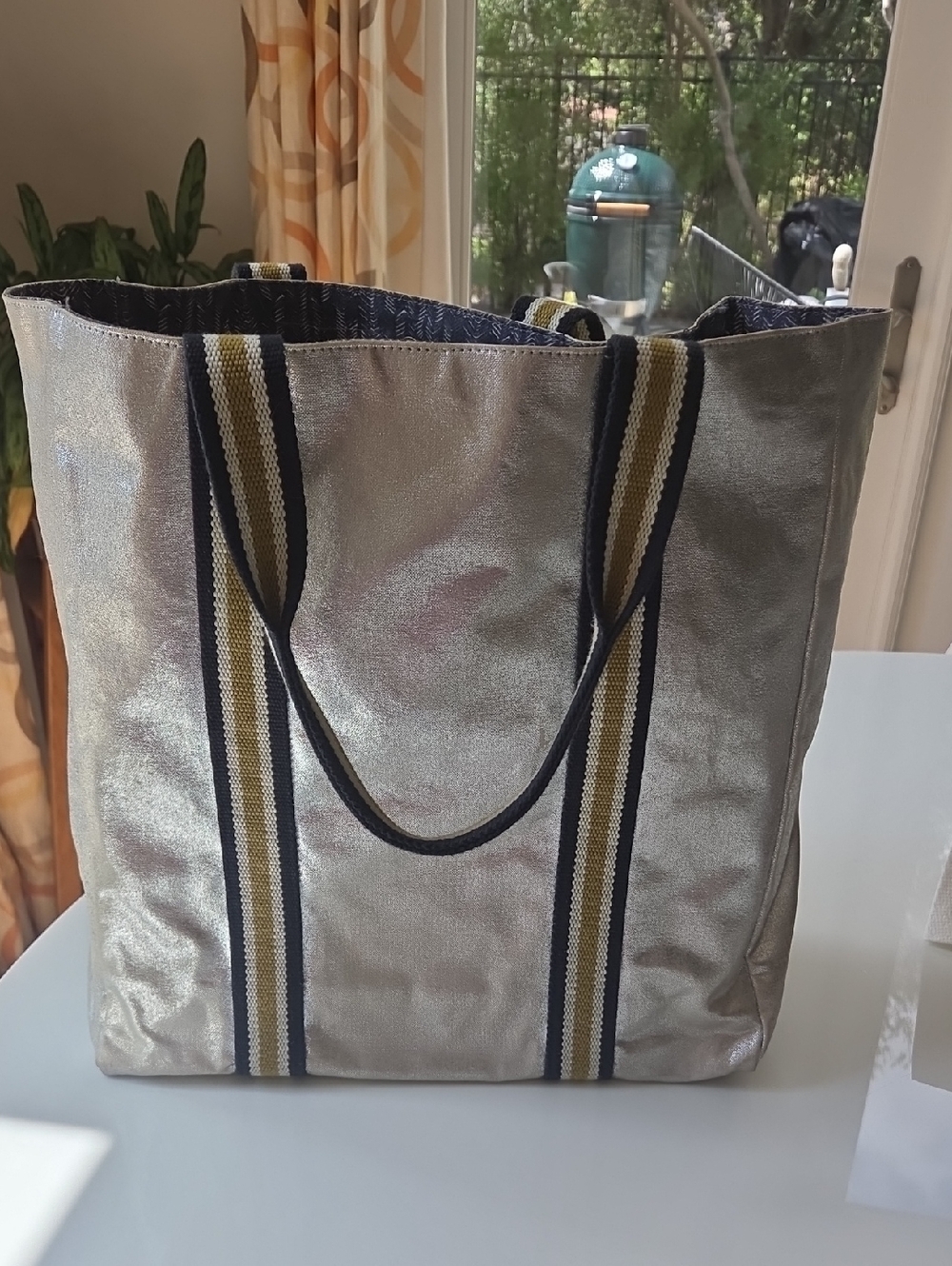 Metallic Silver Tote Bag with Striped Handles
